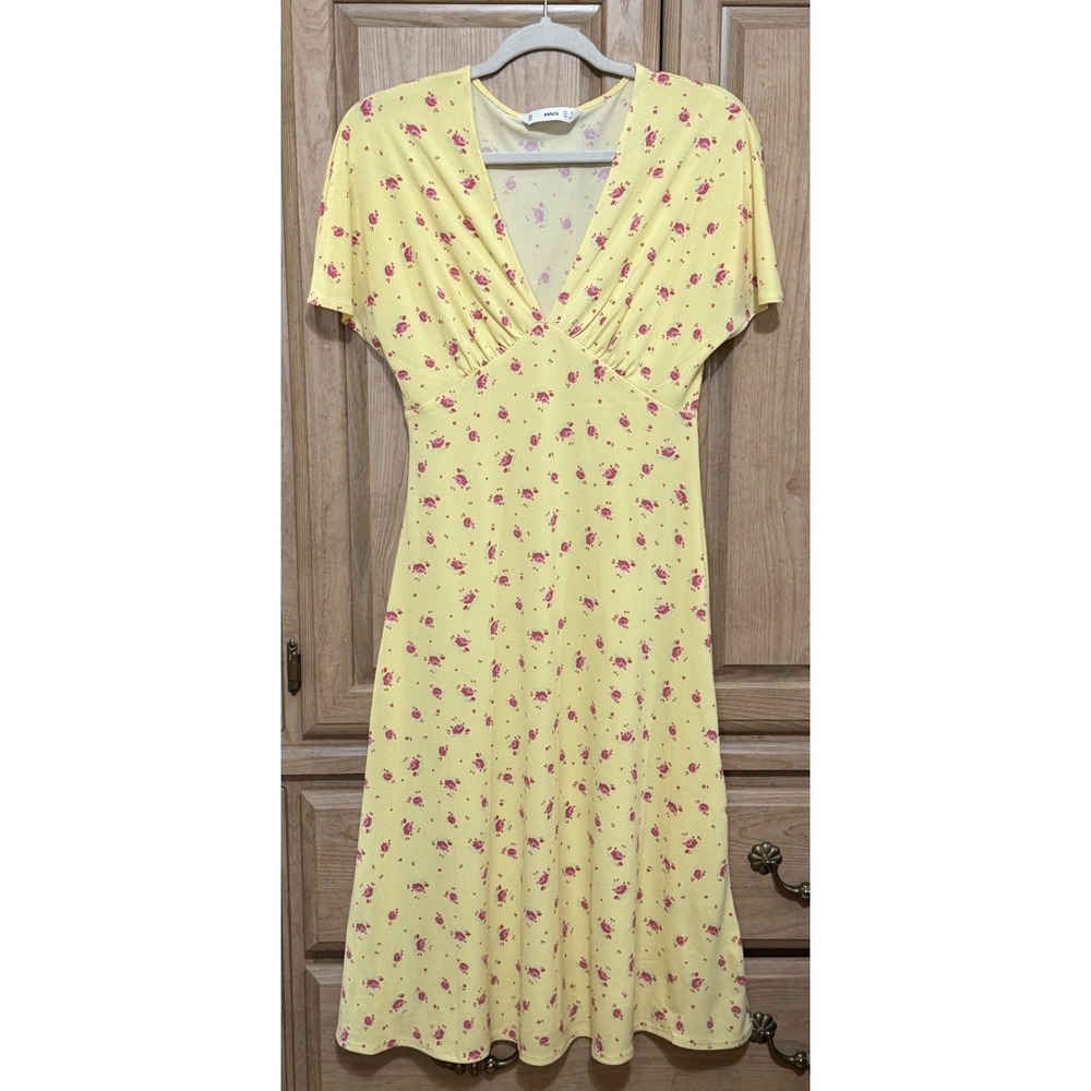 Mango MNG Pink Yellow FLORAL DRESS Women's Size 2 Midi V Neckline Fit & Flare